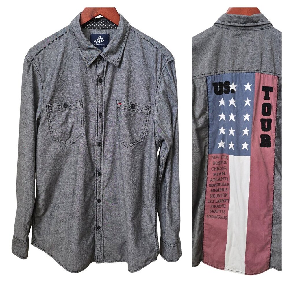 Authentic Icon US Tour Flag Back Gray Long Sleeve Button Down Shirt Men’s Large